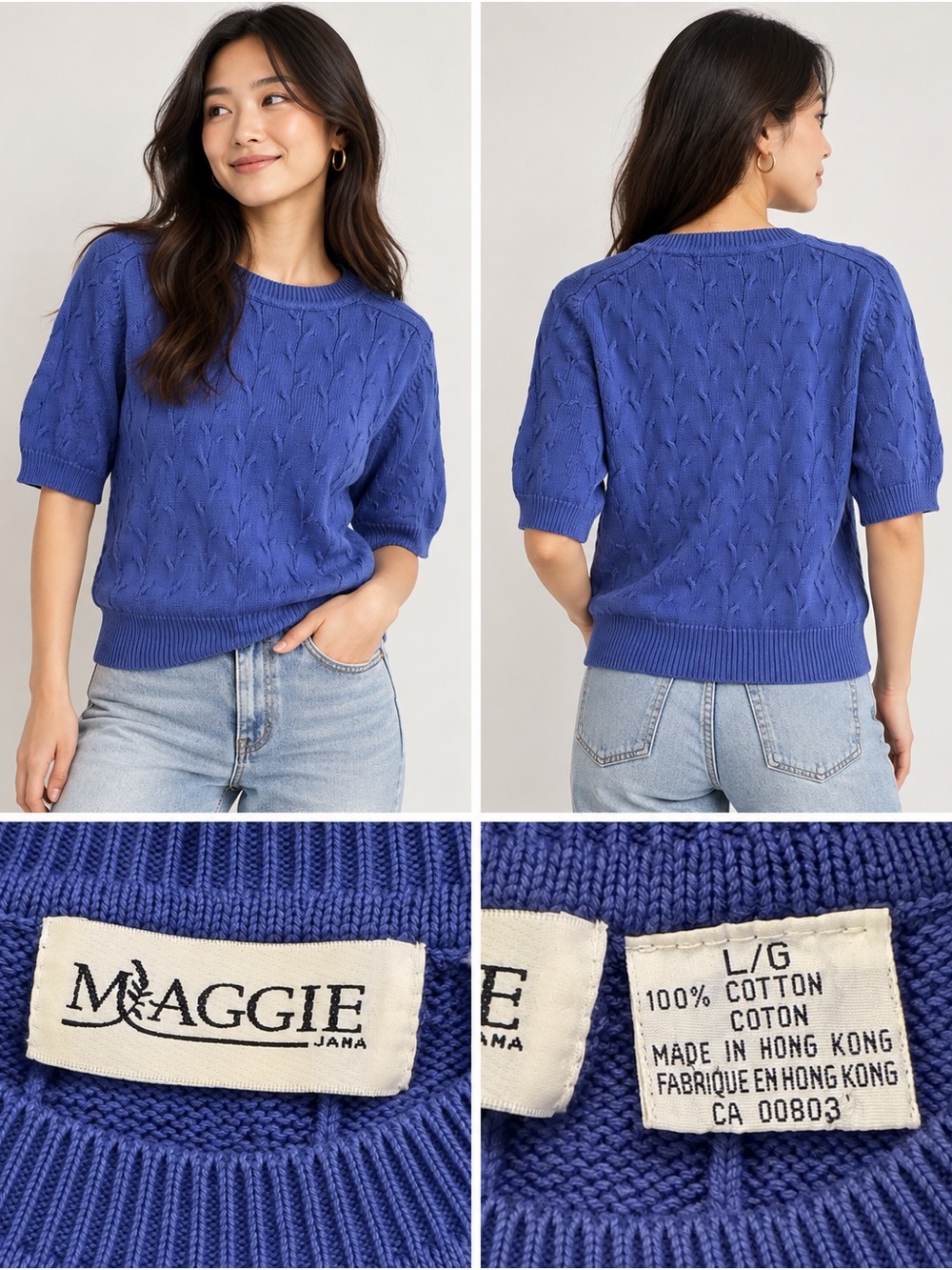 Vintage Maggie Jana Cobalt Blue 100% Cotton Cable Knit Sweater L